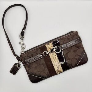 🐝 Coach Brown and Tan Monogram Wristlet Python Accent